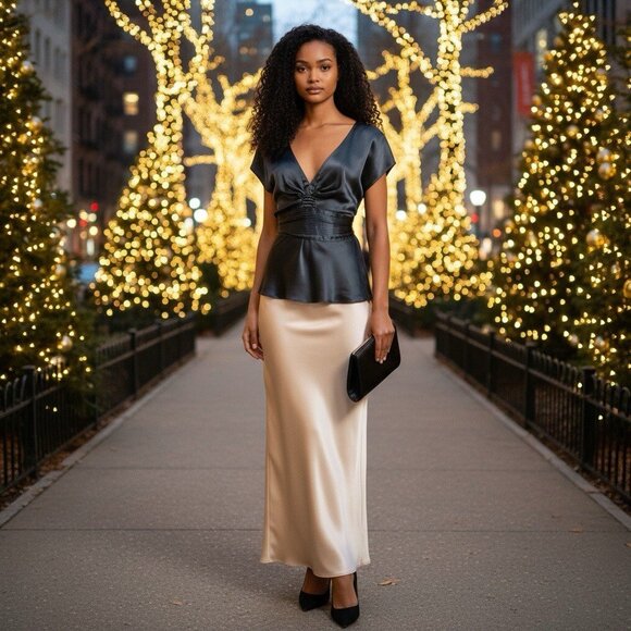 Express Y2K 100% Silk Black Short Sleeve V-neck Tie Back Womens Top Size Large - Picture 2 of 9